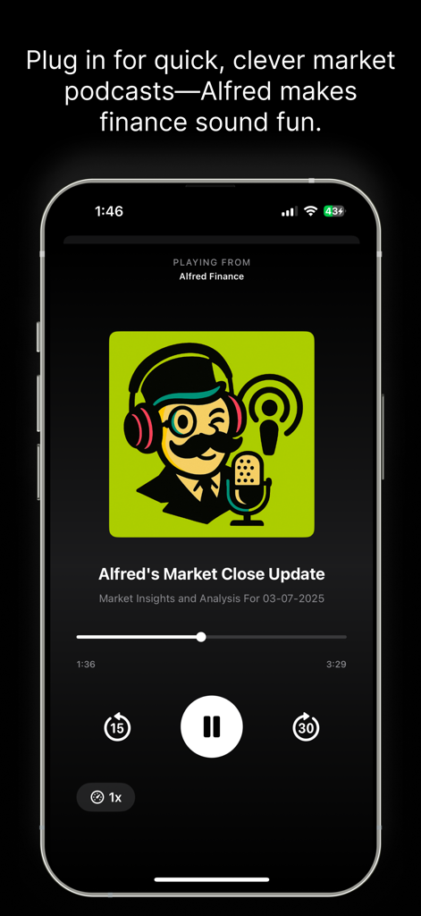 Alfred -Stock Market & Trading - Interface of the Alfred app showing an AI-powered stock market update podcast player with a butler character illustration.