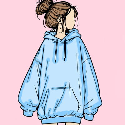 realistic girl with a oversized sweatshirt on and a bun