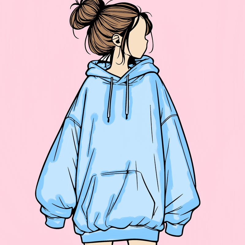 realistic girl with a oversized sweatshirt on and a bun
