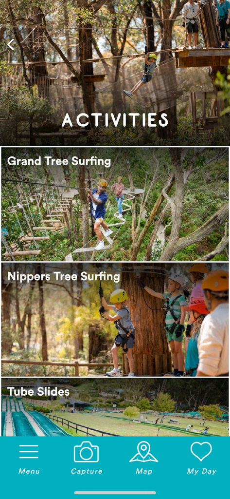 Enchanted Adventure - Enchanted Adventure app screen showing outdoor activities like Grand Tree Surfing and Tube Slides