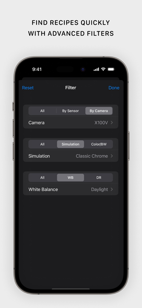 카메라 모델 및 필름 시뮬레이션별 필름 레시피를 찾는 옵션을 보여주는 후지 X 주간 앱의 고급 필터 화면
