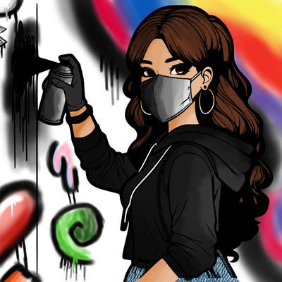 realistic girl with mask spray painting a wall