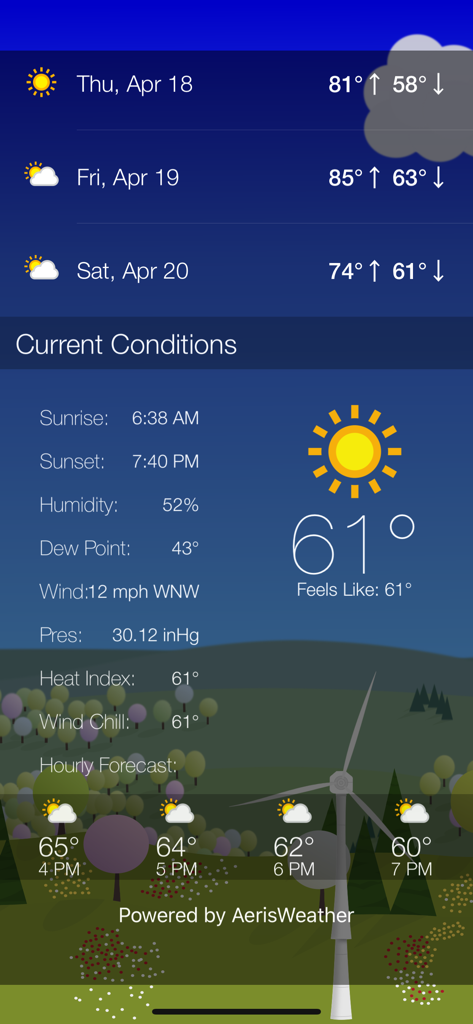 Current weather conditions screen showing a 61 degree temperature with detailed atmospheric data and an hourly forecast over a stylized landscape background
