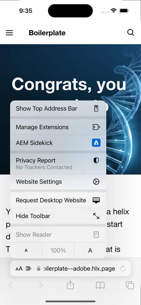 AEM Sidekick - AEM Sidekick extension visible within the iOS Safari browser menu options