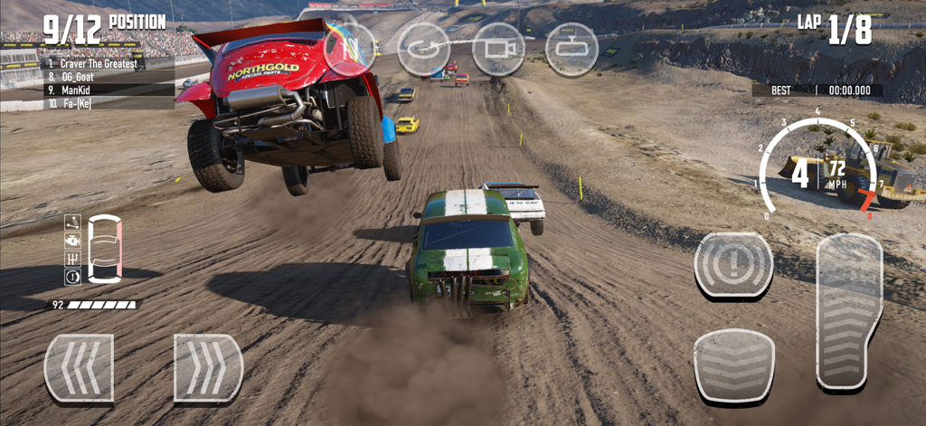 A red car jumps over a green car during a dirt track race in Wreckfest.