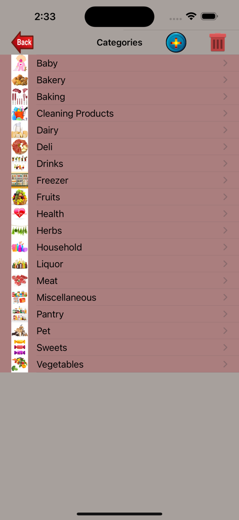 Shopping-List. - Una lista de categorías de compras con iconos, incluyendo panadería, lácteos y artículos para el hogar.
