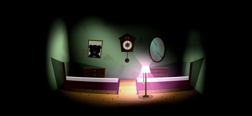 Ein unheimliches, dunkles Motelzimmer mit zwei Betten, einem Bärenporträt und einer Kuckucksuhr in einer Survival-Horror-Spielumgebung