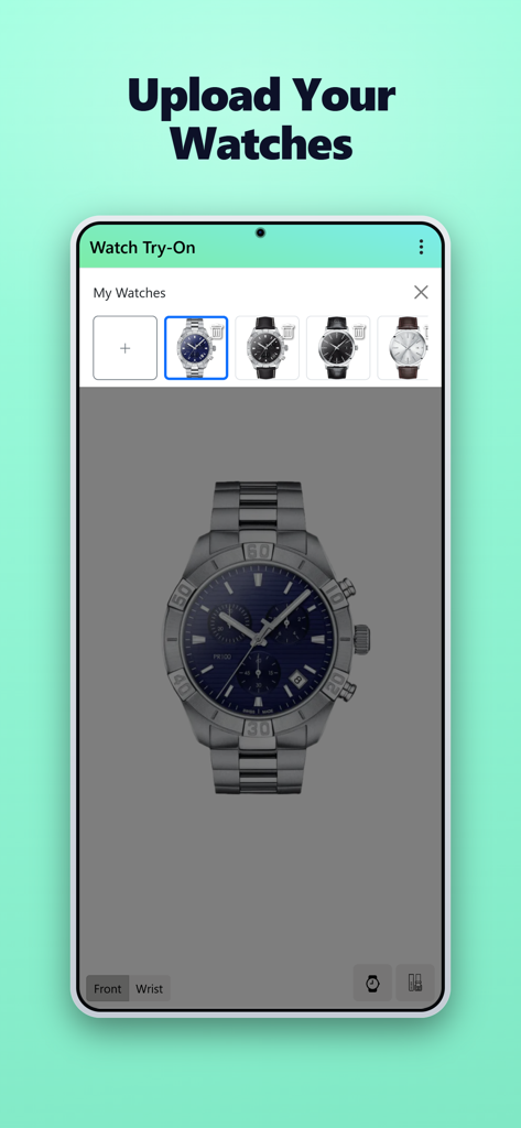 Watch Try-On app interface showing a gallery of uploaded watches for virtual visualization.