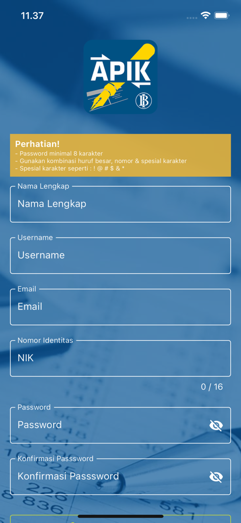 User registration interface for the SIAPIK BI accounting mobile app