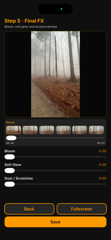 Cinerec - Cinerec app screen displaying Final FX editing tools including bloom and soft glow on a forest video clip