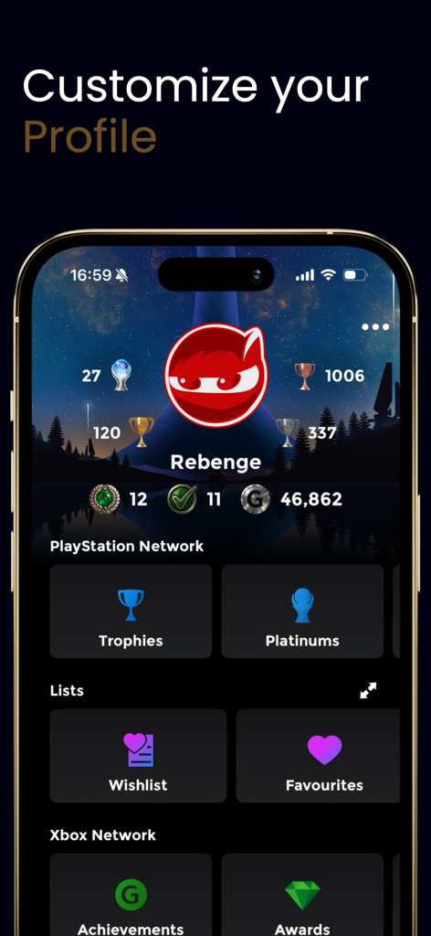 Area X app interface showing a customized gamer profile with integrated PlayStation and Xbox trophies and achievements