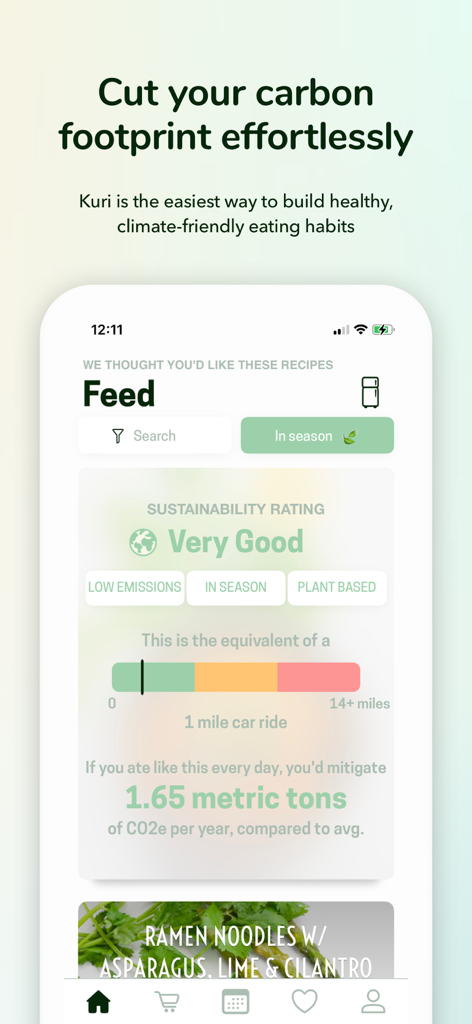 Recipe Keeper & Planner - Kuri - Interface de l'application Kuri affichant la note de durabilité et la réduction des émissions de carbone pour une recette