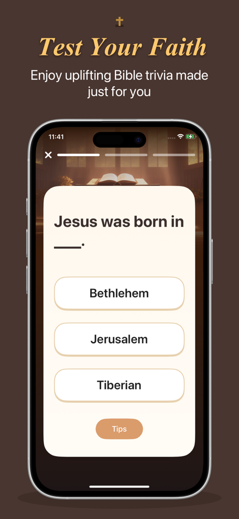 Uno schermo di quiz a tema biblico su un telefono cellulare dall'app Bibbia per Donne che chiede dove è nato Gesù.