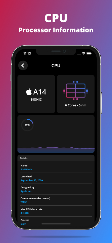 G-CPU:Monitor CPU, RAM, Widget - G-CPU mobile app screen showing detailed processor information and technical specifications for the Apple A14 Bionic chip.
