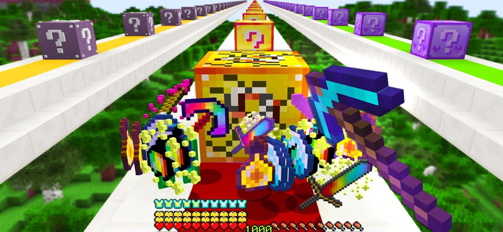 Lucky Block for Minecraft - Gameplay of a Minecraft Lucky Block race showing custom rainbow weapons and mystery blocks on a track.