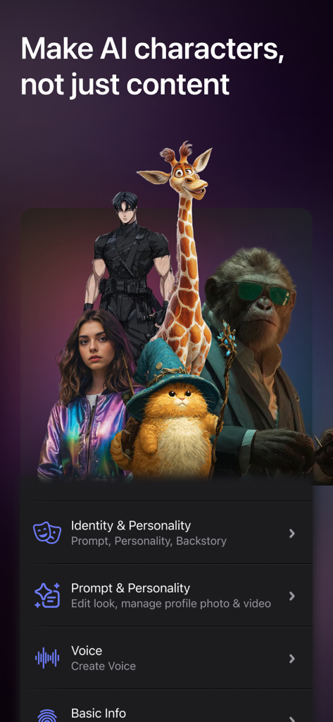 Cantina‎ - Interface showing diverse AI characters and customization options for identity, personality, and voice in the Cantina app.