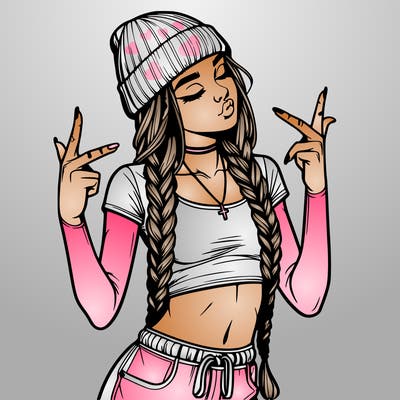 realistic teenage girl with braids and a beanie and crop top doing 🫶🏼