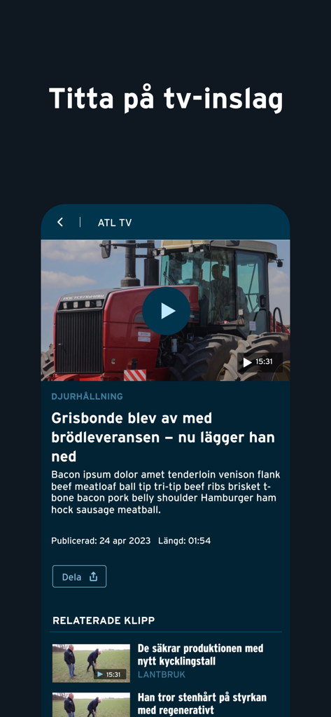 ATL TV section in the ATL Nyheter app featuring a video of agricultural machinery