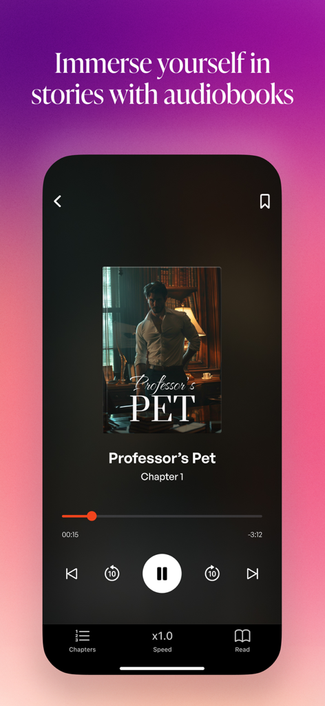 Uma captura de tela do aplicativo Fate mostrando um reprodutor de audiolivro para uma história intitulada "Professors Pet".