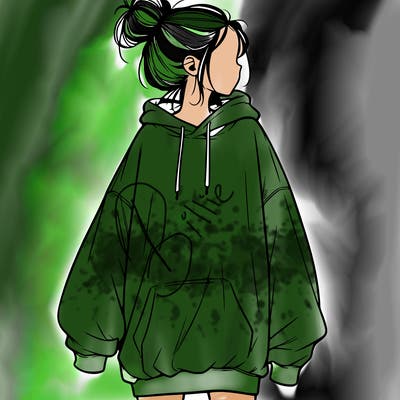 realistic girl with a oversized sweatshirt on and a bun