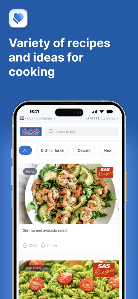 SAS Supermarket - SAS Supermarket mobile app screen showing cooking recipes and meal ideas