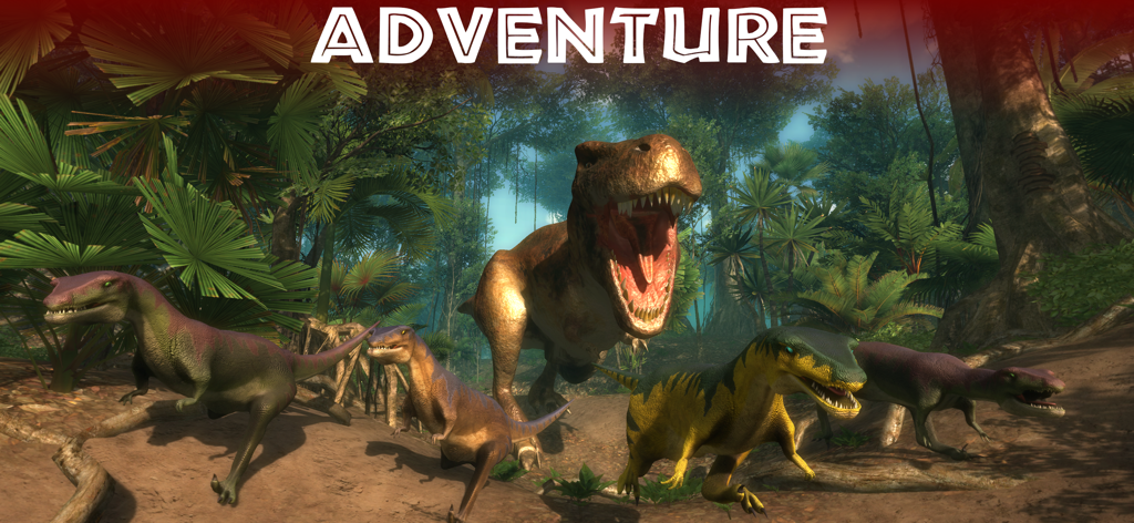 VR Jurassic - Dino Park World - Un T-Rex rugiente y velocirraptores en un entorno de selva prehistórica con la palabra Adventure