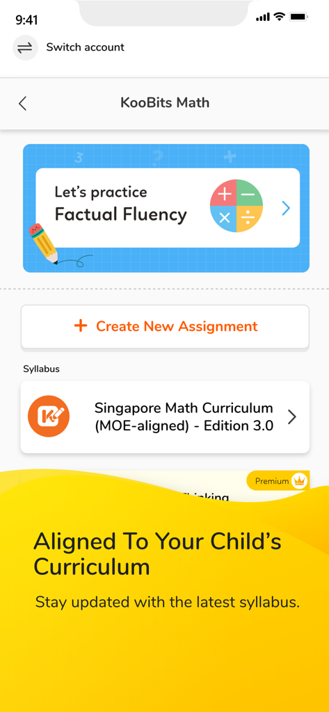 Mobile screen of KooBits Parent app showing Singapore Math curriculum alignment and practice options