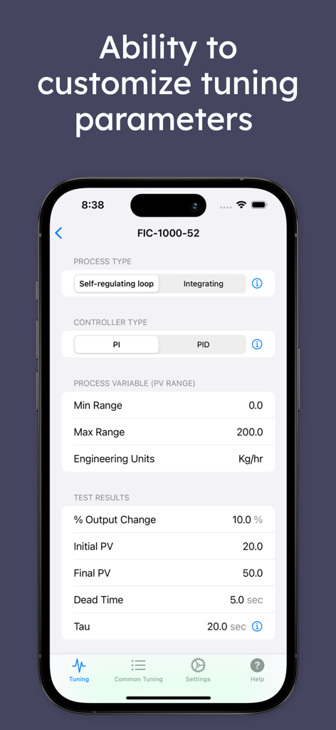 PIDTuner - PIDTuner app interface on an iPhone displaying options to customize tuning parameters including process type, controller type, and test results.