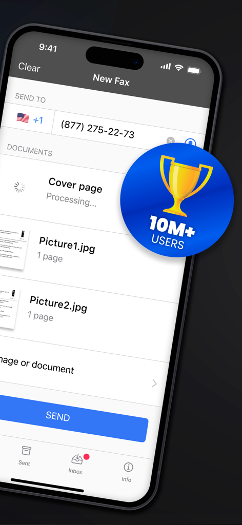 Mobile app interface showing a new fax setup with attached images and a 10 million users badge.