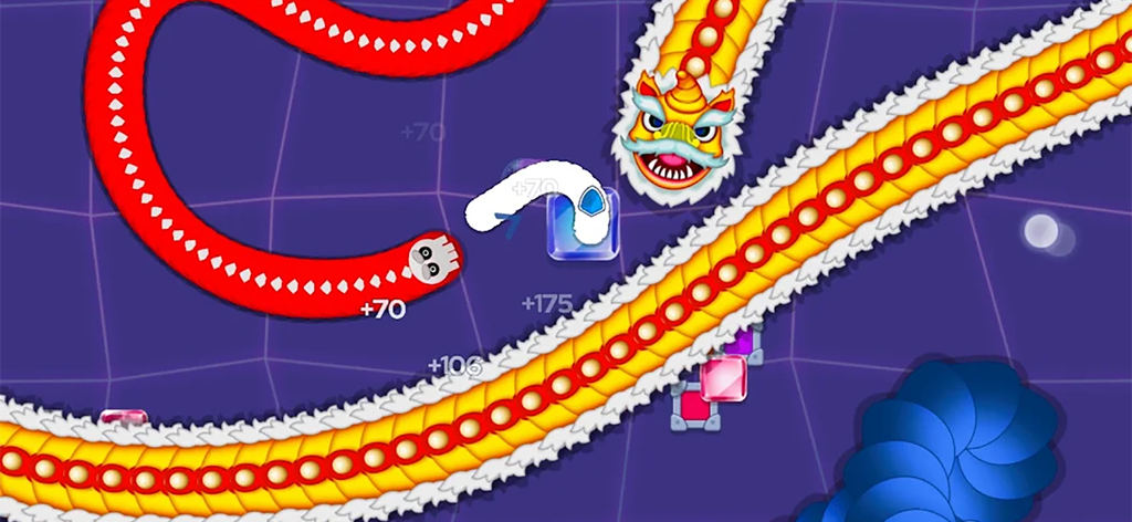 Colorful snakes with custom dragon and skull skins competing in a slither battle arena