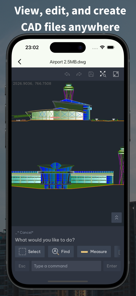 VinaCAD - View & Edit DWG - VinaCAD mobile app interface showing an architectural drawing with CAD editing tools.