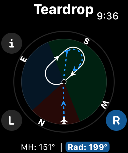 Teardrop holding pattern entry calculation on a pilot utility watch app