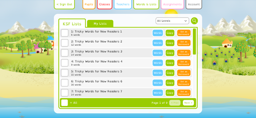 Squeebles Spelling Connect - Squeebles Spelling Connect interface showing a dashboard with spelling lists for new readers and homework settings.
