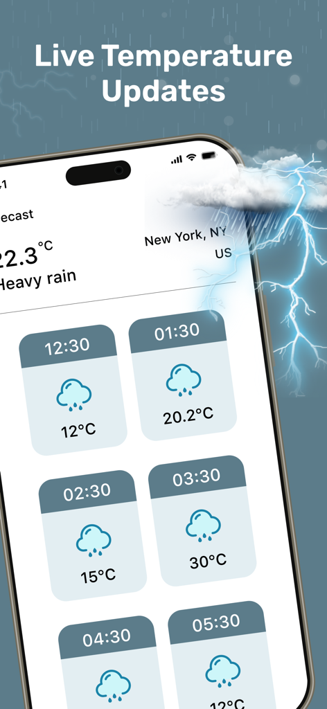 Room Temperature Check - Smartphone screen showing a live weather forecast with hourly temperature updates and heavy rain alerts