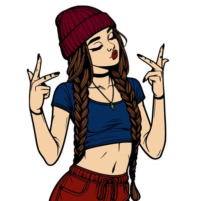 realistic teenage girl with braids and a beanie and crop top doing 🫶🏼