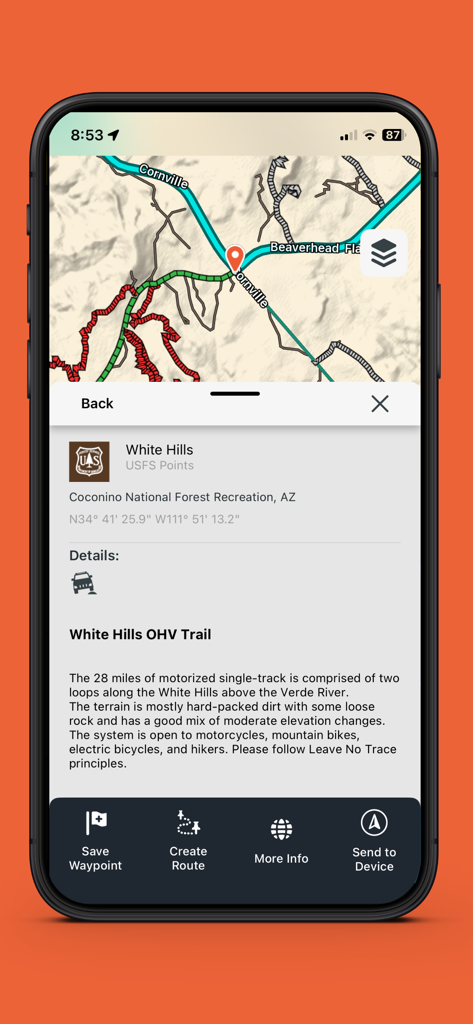 Garmin Tread app displaying White Hills OHV trail details and map in Arizona