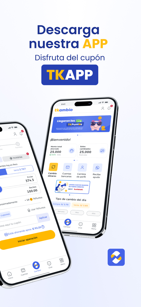 Interfaccia dell'app mobile TKambio che mostra le tariffe di cambio valuta e il cruscotto utente su due iPhone