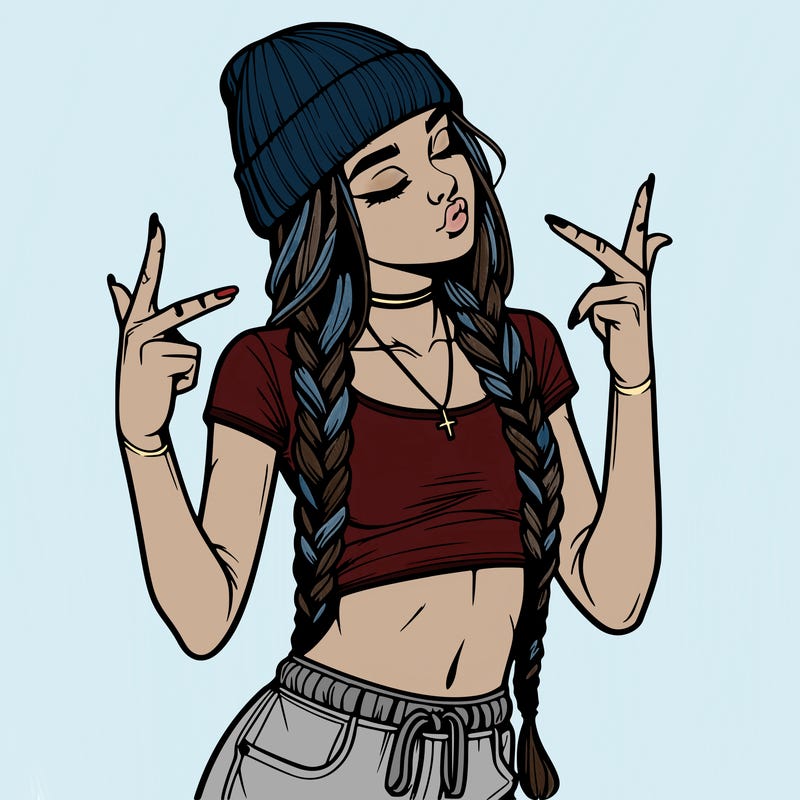 realistic teenage girl with braids and a beanie and crop top doing 🫶🏼