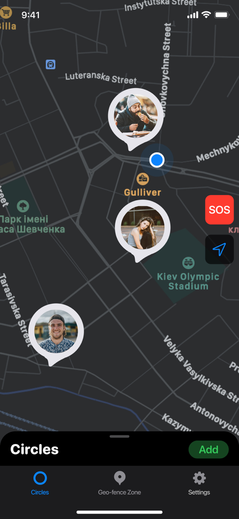 Interfaz de mapa de la aplicación Phone Tracker que muestra las ubicaciones en tiempo real de las personas en un círculo