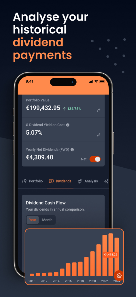 DivvyDiary - DivvyDiary app interface showing historical dividend payments and an annual cash flow growth chart