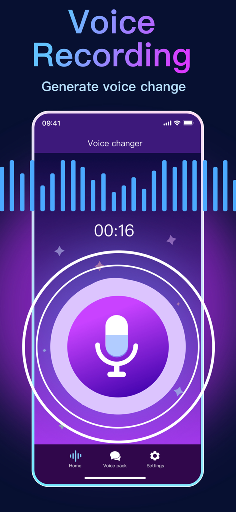 Magic Voice Changer - Effects - Voice recording interface of the Magic Voice Changer app featuring a microphone icon and audio wave visualization