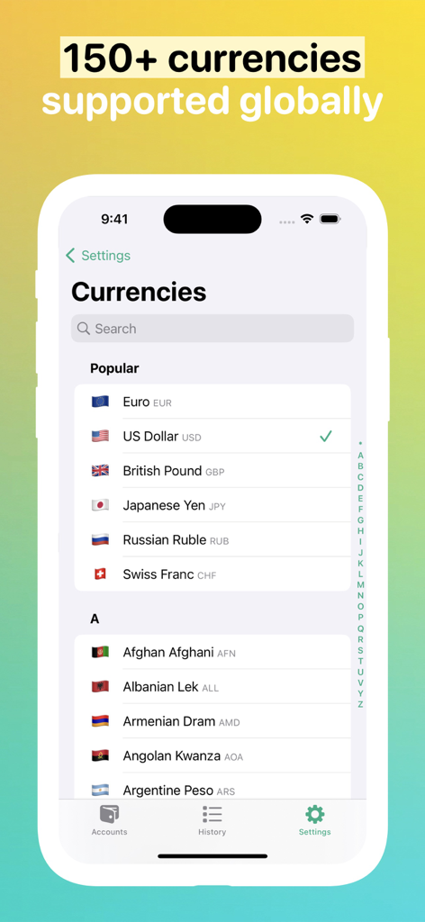 Fin - Budget Tracker - Fin app screen showing more than 150 supported global currencies