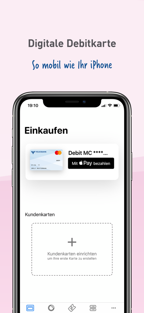 Volksbank Pay - Volksbank Pay app screen showing a digital debit card with Apple Pay integration and a section for loyalty cards on an iPhone