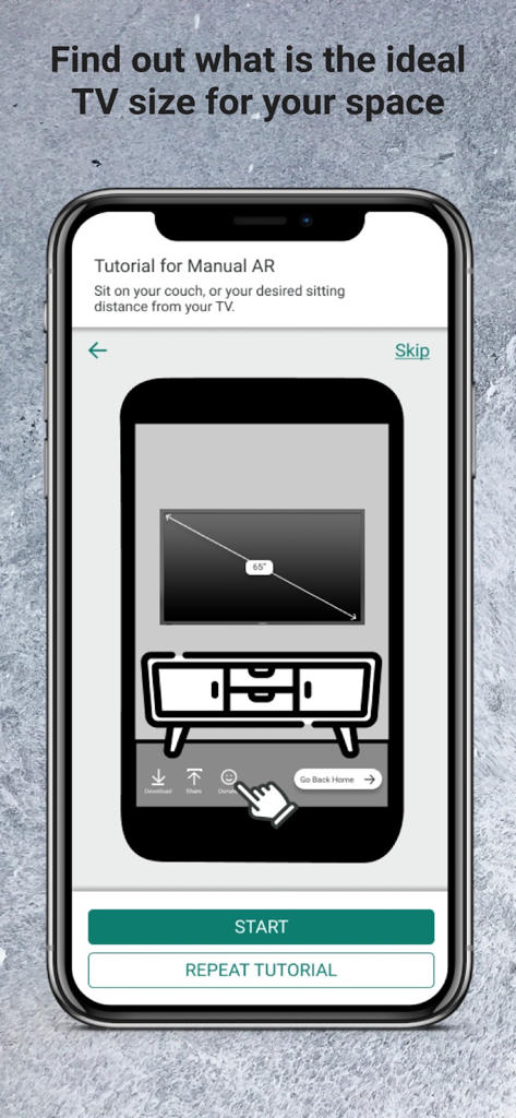 TVfit app manual AR tutorial screen showing how to measure the ideal TV size from a sitting distance