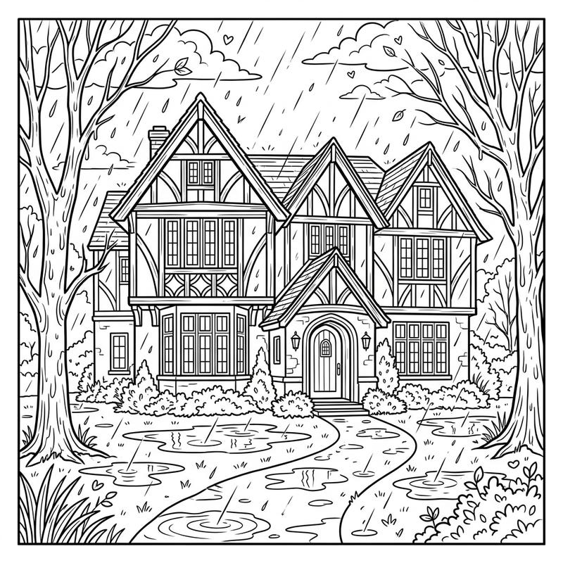 Step into a charming scene with our Tudor Mansion on a Rainy Day coloring page. This intricate design invites you to bring a historic architectural masterpiece to life amidst a soothing downpour.