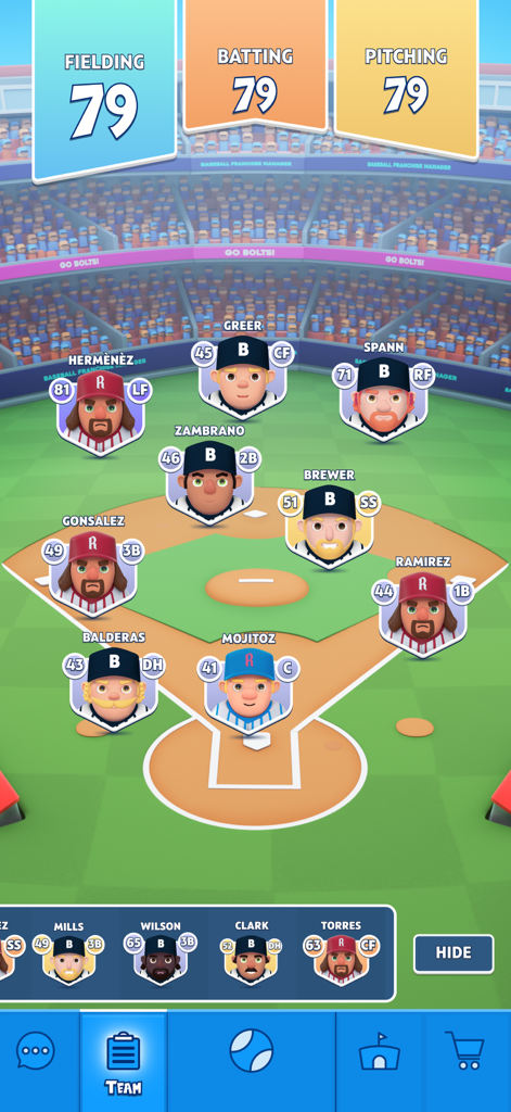 Baseball Franchise Manager - Baseball team lineup screen showing player positions and team ratings