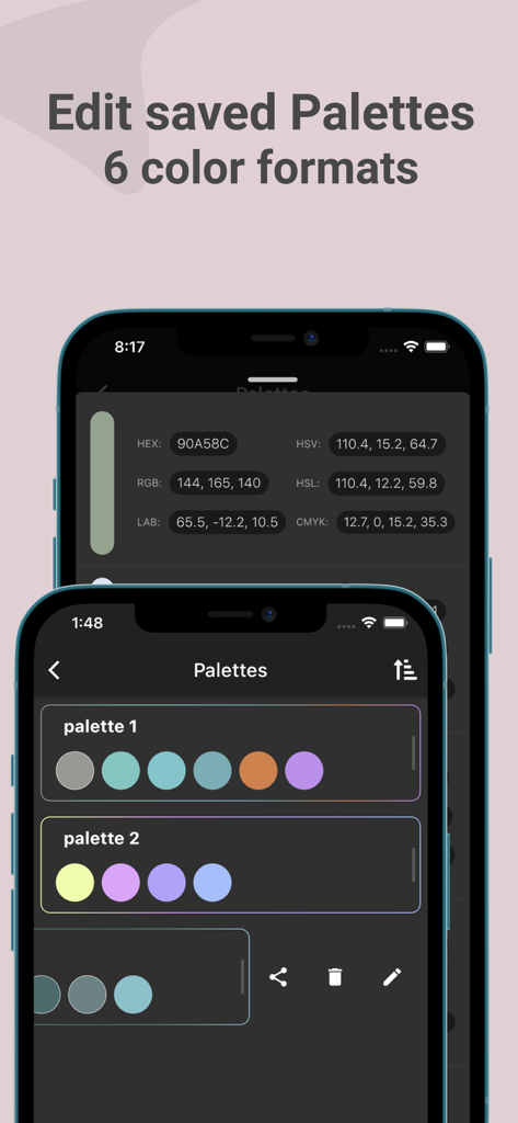 Color Wheel Palette: ColorGear - ColorGearアプリのインターフェースに、保存されたカラーパレットとHEXおよびRGBなどの複数のカラーフォーマットが表示されている