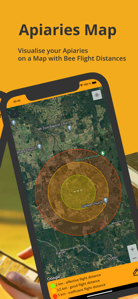 Apiary Book Beekeeping ApiNote - Interfaz de la aplicación móvil que muestra un mapa satelital con círculos concéntricos que representan las distancias de vuelo de las abejas alrededor de un apiario