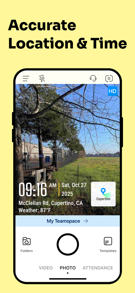 Timemark app screen showing a photo with accurate timestamp GPS location and weather data