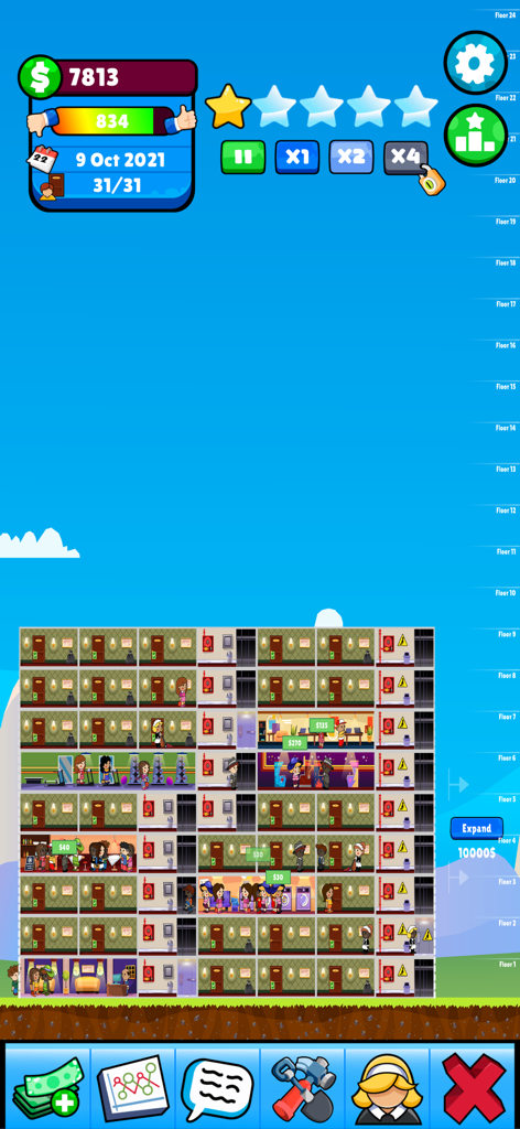 Una captura de pantalla del juego que muestra un hotel vertical con múltiples pisos y habitaciones de huéspedes en Theme Hotel Tycoon